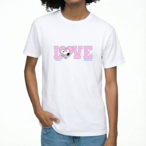 Camiseta blanca con diseño de Snoopy y texto LOVE en rosa, personaje Peanuts, algodón orgánico unisex para hombre y mujer