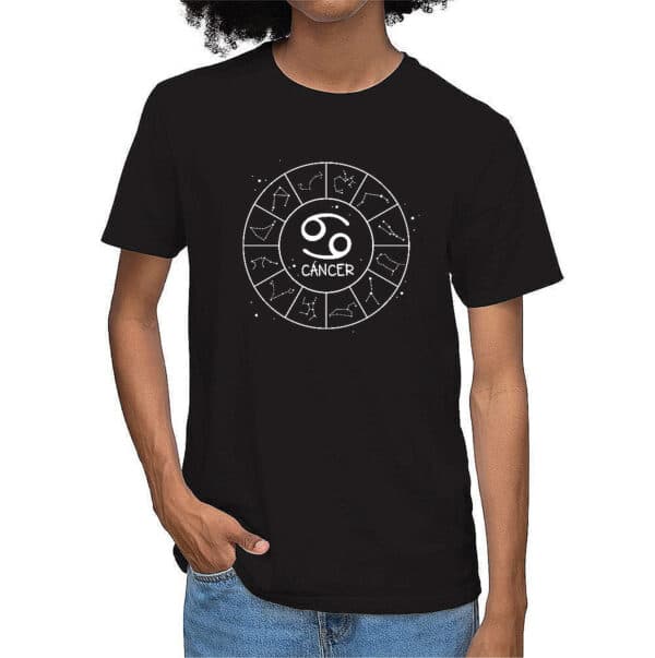 Camiseta negra personalizada con símbolo del zodiaco Cáncer en tono blanco, diseño minimalista acogedor unisex de algodón orgánico para hombre y mujer
