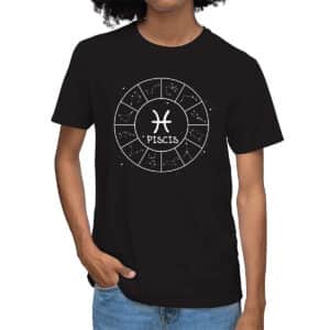 Camiseta negra personalizada con símbolo del zodiaco Piscis , diseño minimalista onírico unisex de algodón orgánico para hombre y mujer