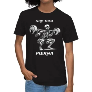Camiseta negra con esqueleto haciendo sentadillas y frase HOY TOCA PIERNA, diseño gym fitness divertido, algodón orgánico unisex DTF premium