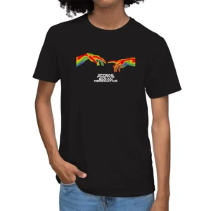 Camiseta negra con diseño de manos arcoíris Pride inspirado en Michelangelo, arte renacentista LGTBIQ+, algodón orgánico unisex