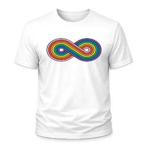 Camiseta blanca con símbolo del infinito arcoíris Pride LGTBIQ+, colores rainbow vibrantes, algodón orgánico unisex